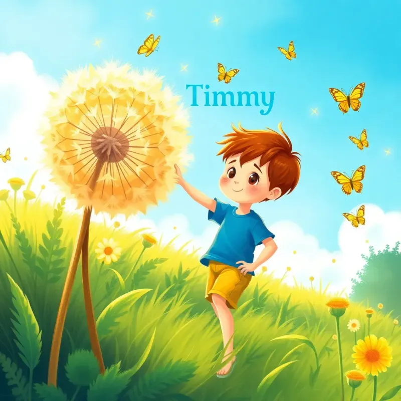 Timmy, a little boy with short brown hair in a blue t-shirt and yellow shorts, playing with a giant dandelion while butterflies flutter around, bright blue sky and lush greenery, playful and magical vibe, illustration, enchanting, child-friendly details