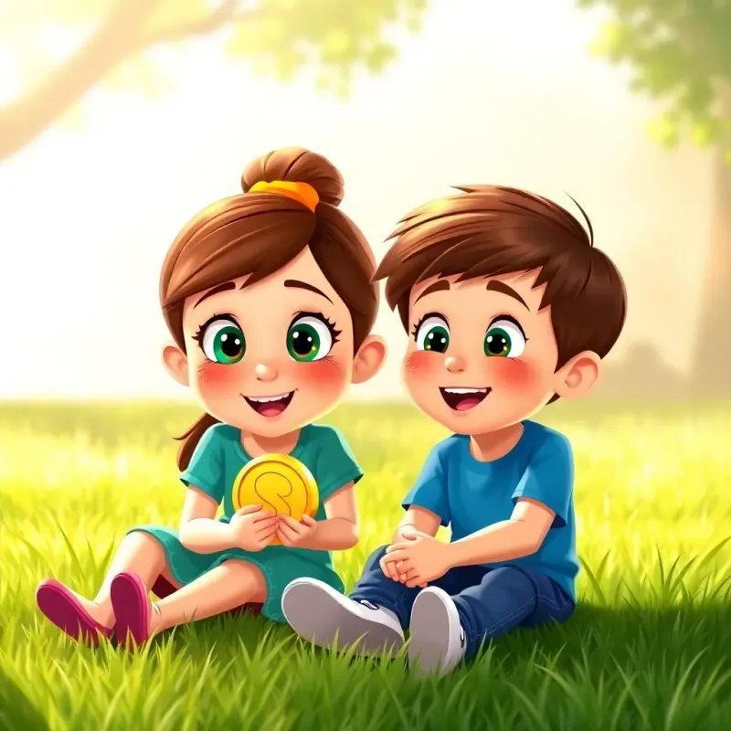 Mia and her brother Max, a little boy with short brown hair wearing a blue T-shirt, sitting on green grass with a shiny coin, excitement in their eyes, warm sunlight, friendly environment, illustration, cheerful, engaging