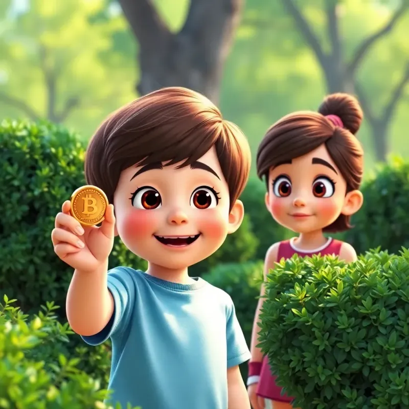 Max, a little boy with short brown hair, holding up a shiny coin in front of Mia, both eager and amazed, surrounded by bushes in a park, bright colors, child-friendly style, heartwarming