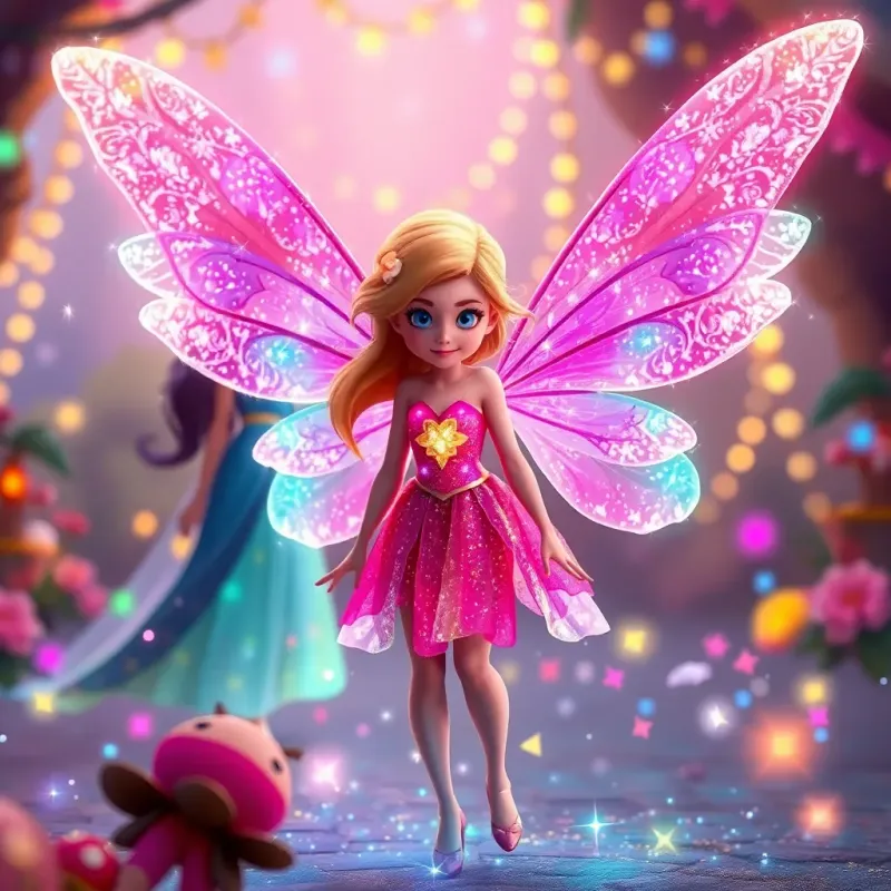 A magical fairy with sparkling wings and colorful dress, appearing in front of Mia and Max, surrounded by colorful lights, whimsical setting, enchanting atmosphere, high quality, fantasy style