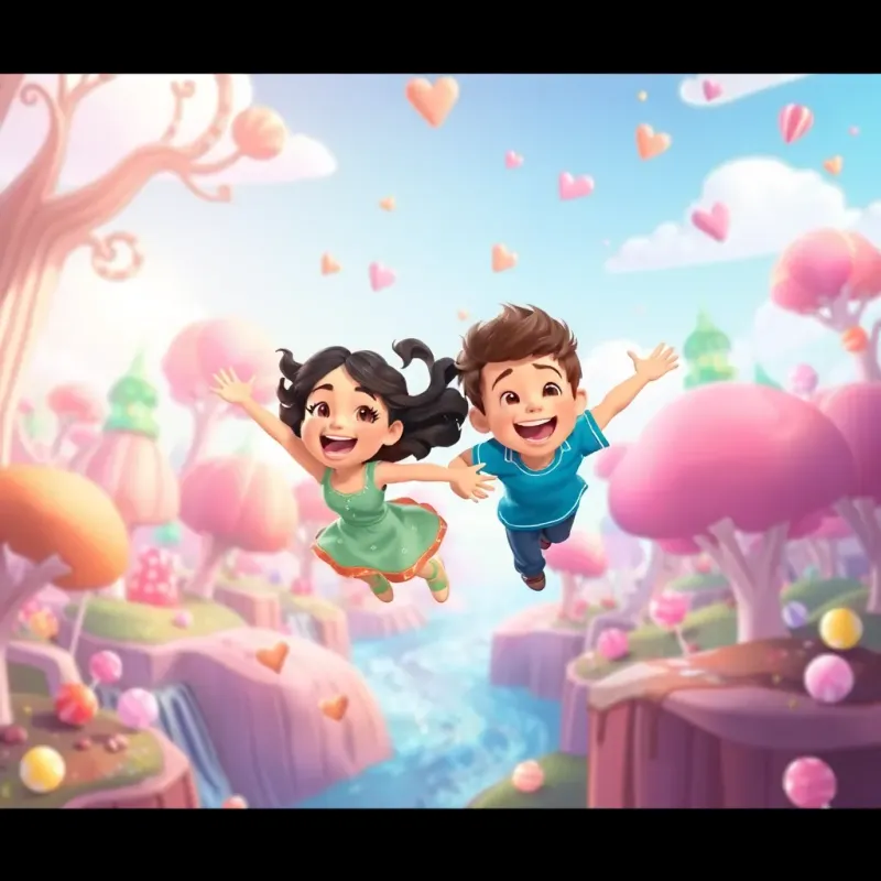 Mia and Max flying in a magical land, filled with candy trees and chocolate rivers, both laughing with joy, magical colors everywhere, cheerful, fantasy, child-friendly illustration
