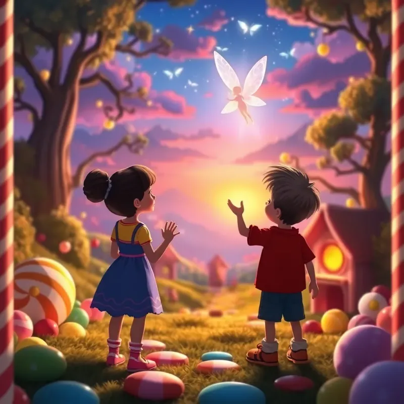 A magical sunset over the candy land, Mia and Max waving at the fairy as she disappears, warmth and joy in their hearts, vibrant colors, inviting atmosphere, fantasy art, high quality