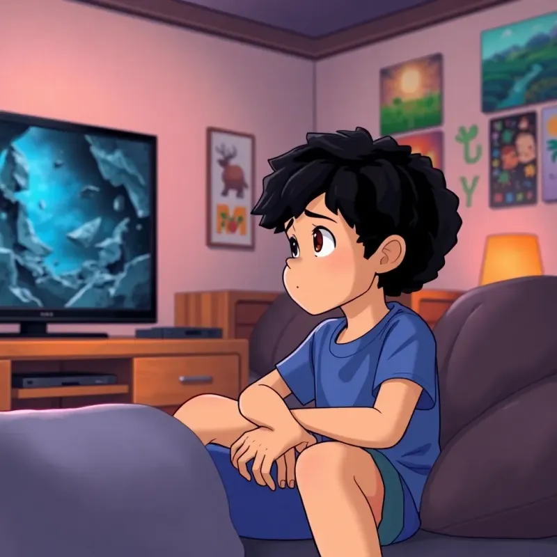 A young boy, Leo, with curly black hair, wearing a blue t-shirt and shorts, sitting next to Mia, looking concerned as he watches the TV screen, with images of a dark and broken world displayed, walls adorned with posters of nature and vibrant colors, illustration, dramatic scene, child-friendly, high quality