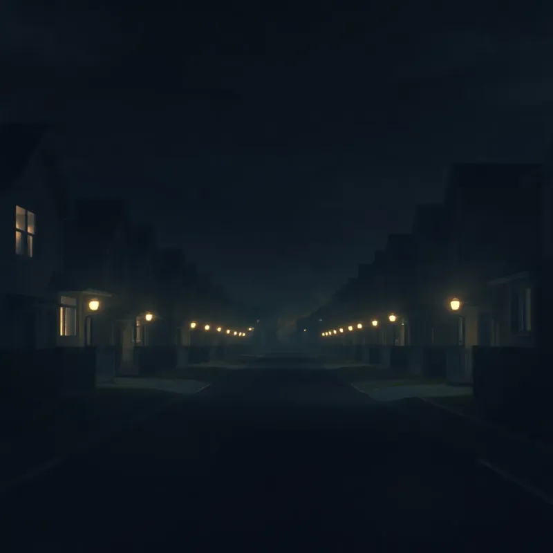 A quiet suburban street at night, with rows of identical houses, faint reflections in windows, flickering streetlights casting shadows, soft glow from lamps, digital painting, noir-inspired, dark tones, mysterious and tense atmosphere, 4K resolution