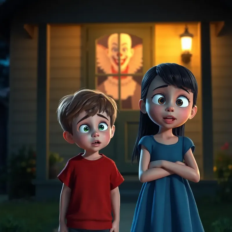 Two children, Leo, a young boy with short brown hair wearing a red t-shirt, and Mia, a young girl with long black hair wearing a blue dress, standing in front of a house looking scared, faint clown face reflected in the window, night setting, digital artwork, haunting imagery, high detail, tension-filled moment