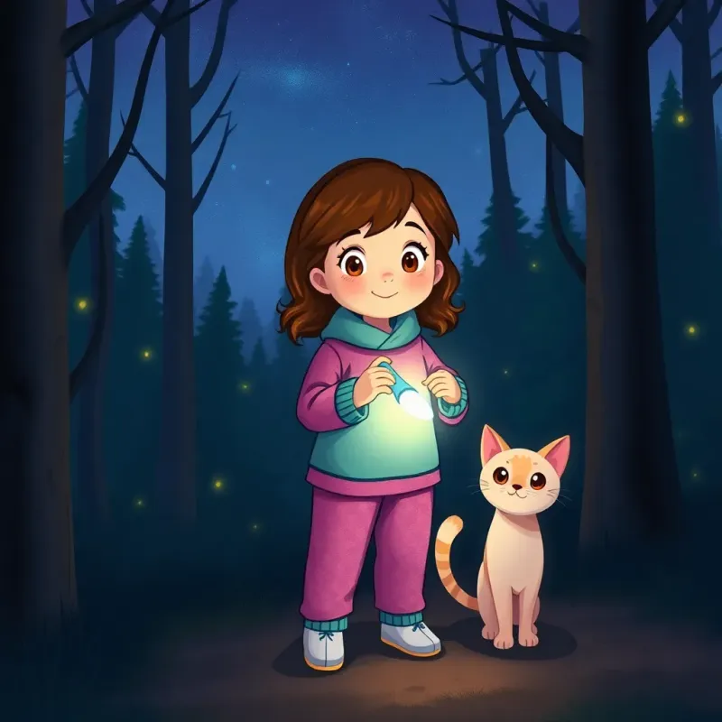 Mia, a young girl with brown hair in cozy pajamas, holding a flashlight and standing at the edge of a dark forest, with her cat Luna by her side, small glowing eyes looking out from the trees, feeling brave, twilight colors, light shining from the flashlight illuminating the path, adventure theme, digital painting, high detail