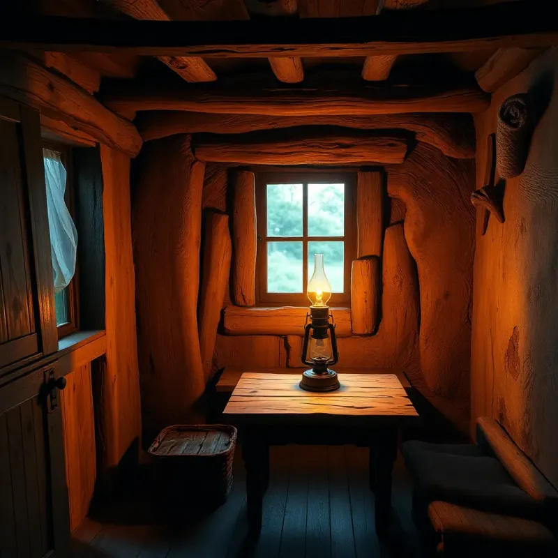 A small rustic room by the last house in a forgotten village, with a glowing oil lamp on a wooden table and soft shadows dancing on the walls, warm and inviting atmosphere, detailed digital art, soft light, cozy colors, warm interior, child-friendly
