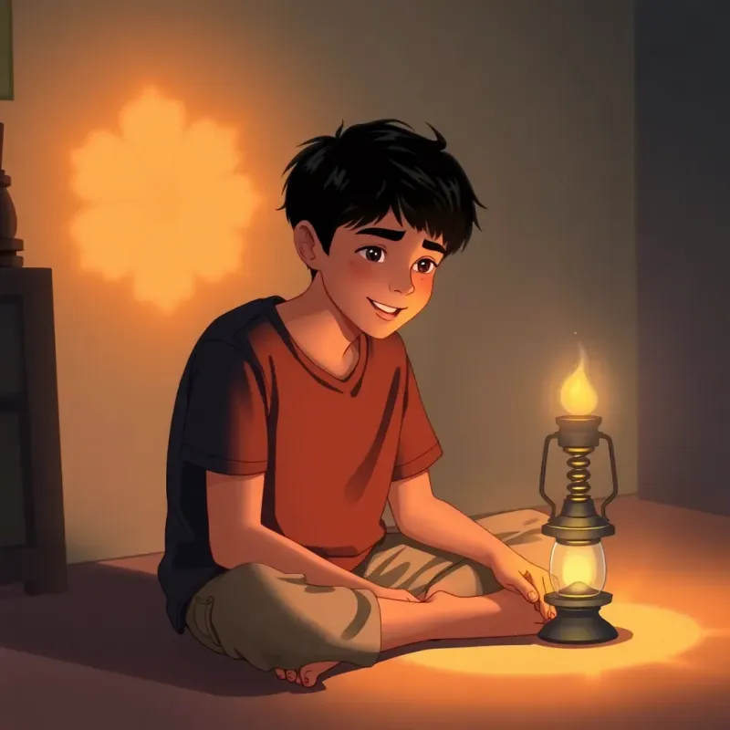 A quiet teenage boy, Salim, with short black hair, wearing a simple t-shirt, sitting on the floor in the room with the glowing oil lamp, listening to the shadows with a smile, colorful shadows around him, gentle light, peaceful atmosphere, illustration, heartwarming