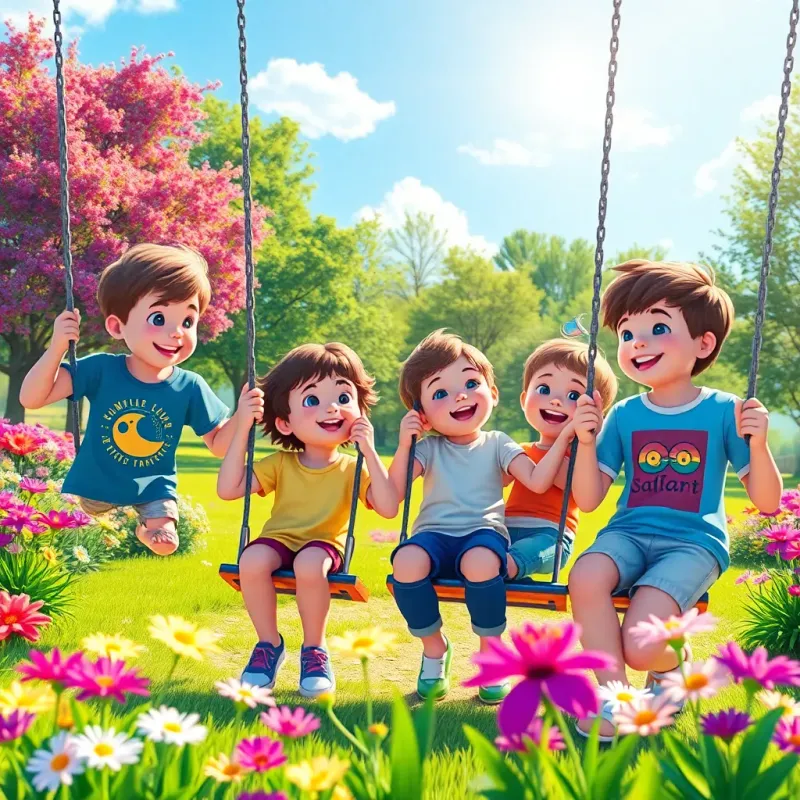 A bright summer day in a sunny park, four friends, Tyler, Matthew, Isaiah, and AJ, playing on swings and giggling, colorful flowers around, cheerful atmosphere, digital art, vibrant colors, playful setting, high quality