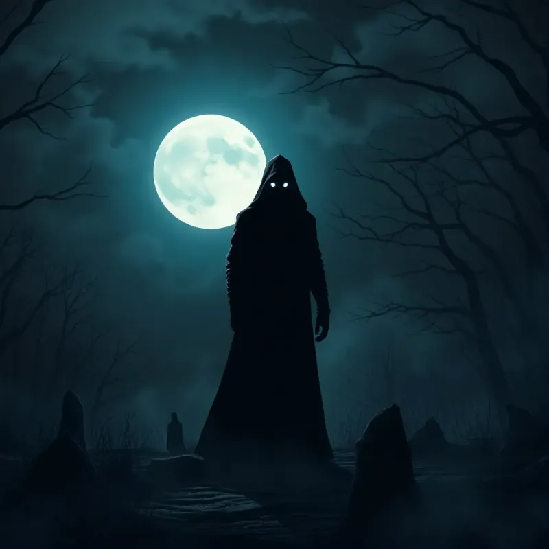 A spooky night scene with a full moon, a dark figure of Tyler as The Shadow with glowing eyes and shadows surrounding him, shadows creeping over the ground, eerie but captivating, illustration, misty atmosphere, high quality