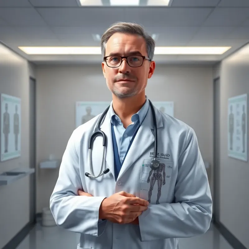 A medical examiner, Dr. Harris, a middle-aged Caucasian man in a lab coat, standing in a sterile autopsy room, showing body position diagrams, digital art, clinical setting, bright and clean lighting, focused and serious expression, high detail