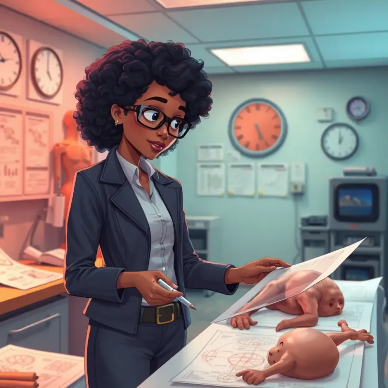 Inspector Jane, a young African-American woman with curly hair wearing a smart casual outfit, looking closely at diagrams in an autopsy room, jotting notes and pointing at inconsistencies, illustration, educational, engaging atmosphere, vibrant colors, high-quality detail