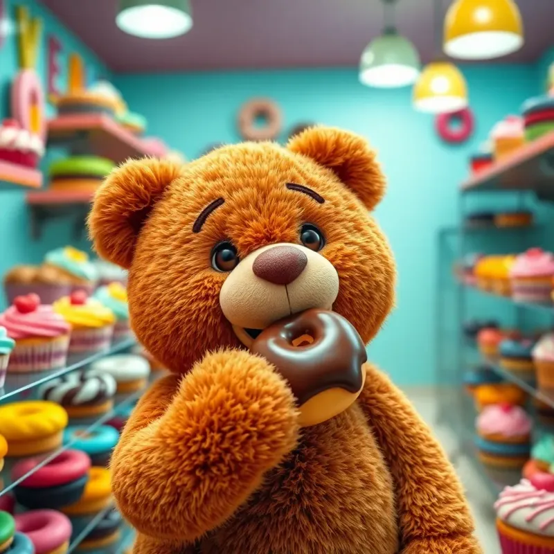 Teddy, a cute brown teddy bear, in a bakery filled with colorful treats like donuts and cupcakes, with a joyful expression as he is nibbling a chocolate donut, bright lighting, vibrant colors, whimsical perspective, high quality