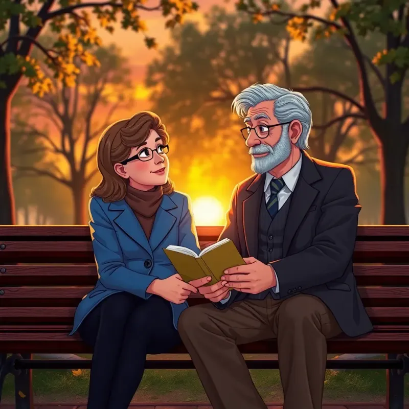 Dr. Lily and Mr. Leo, a handsome old businessman with grey hair, sitting on a park bench, sharing stories under a sunset, light reflecting in their eyes, gentle atmosphere, heartwarming scene, detailed illustration