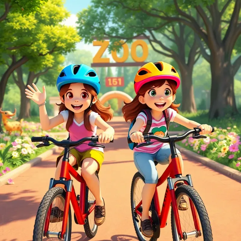 Two girls, Mia and Lily, excitedly riding their bikes towards the zoo, wearing helmets and colorful outfits, surrounded by trees and flowers, sunny atmosphere, adventure vibes, digital art, vibrant colors, joyful energy, high quality