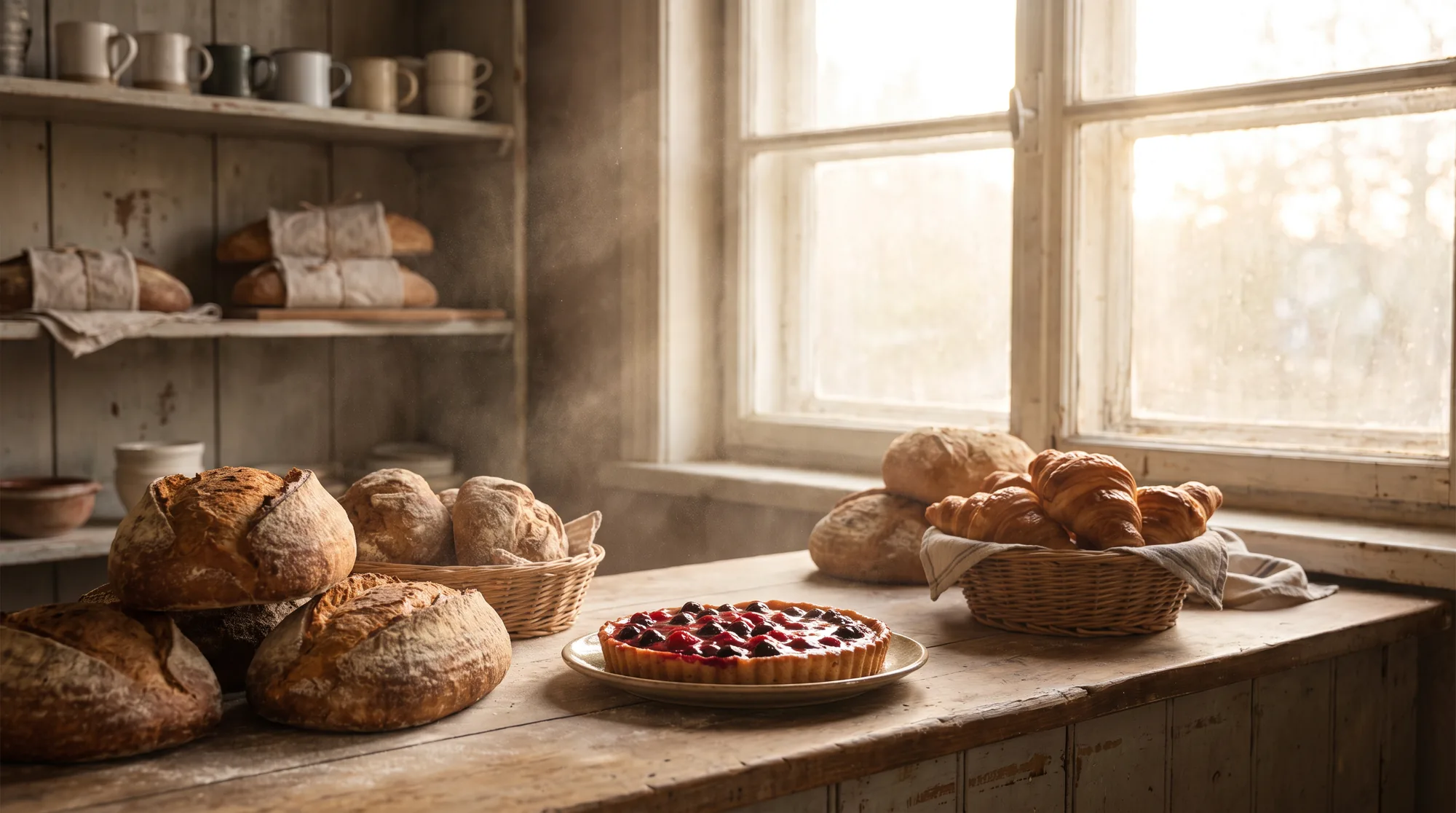 Fresh bread and pastries on the bakery counter