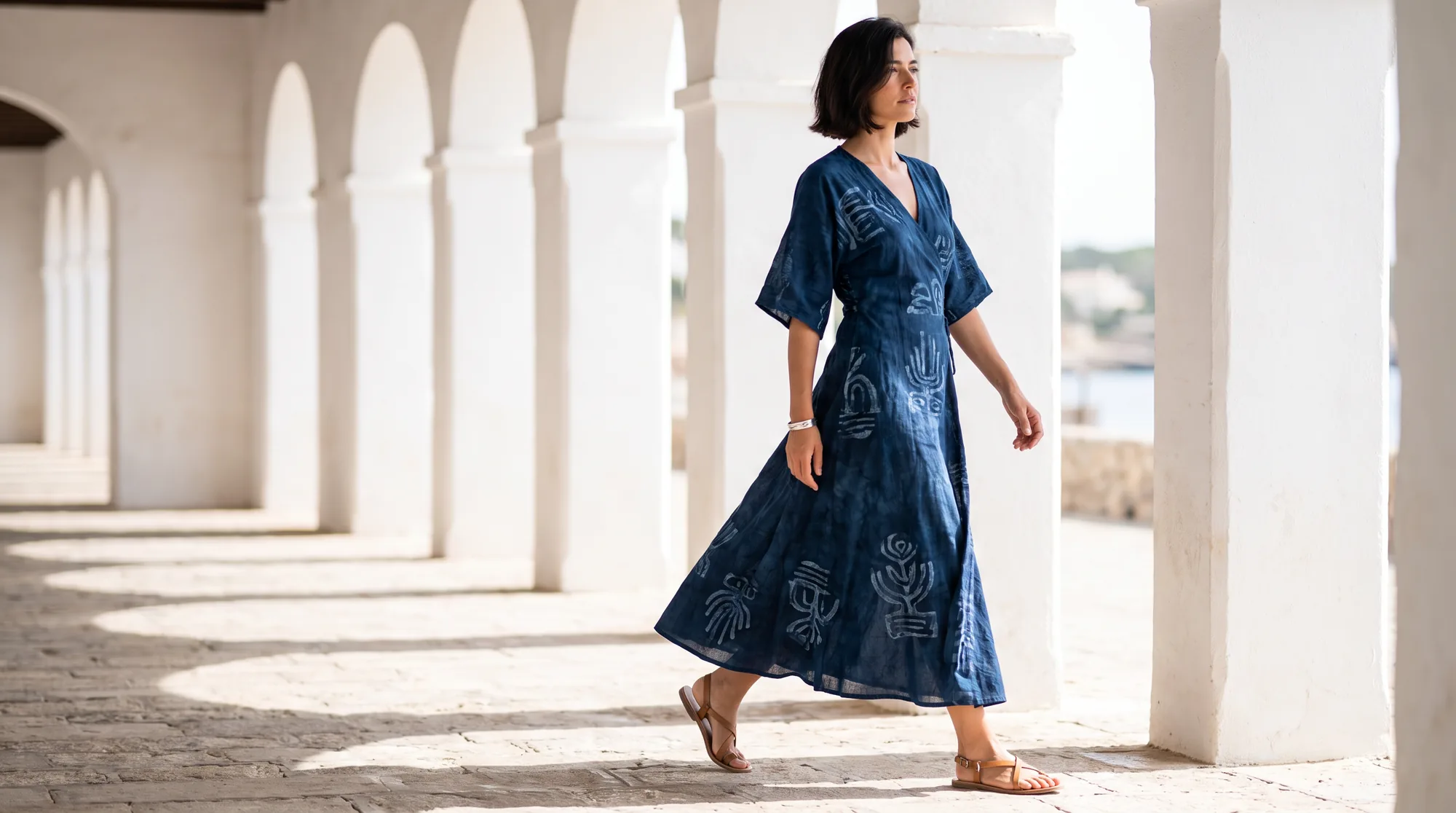 Indigo batik wrap dress