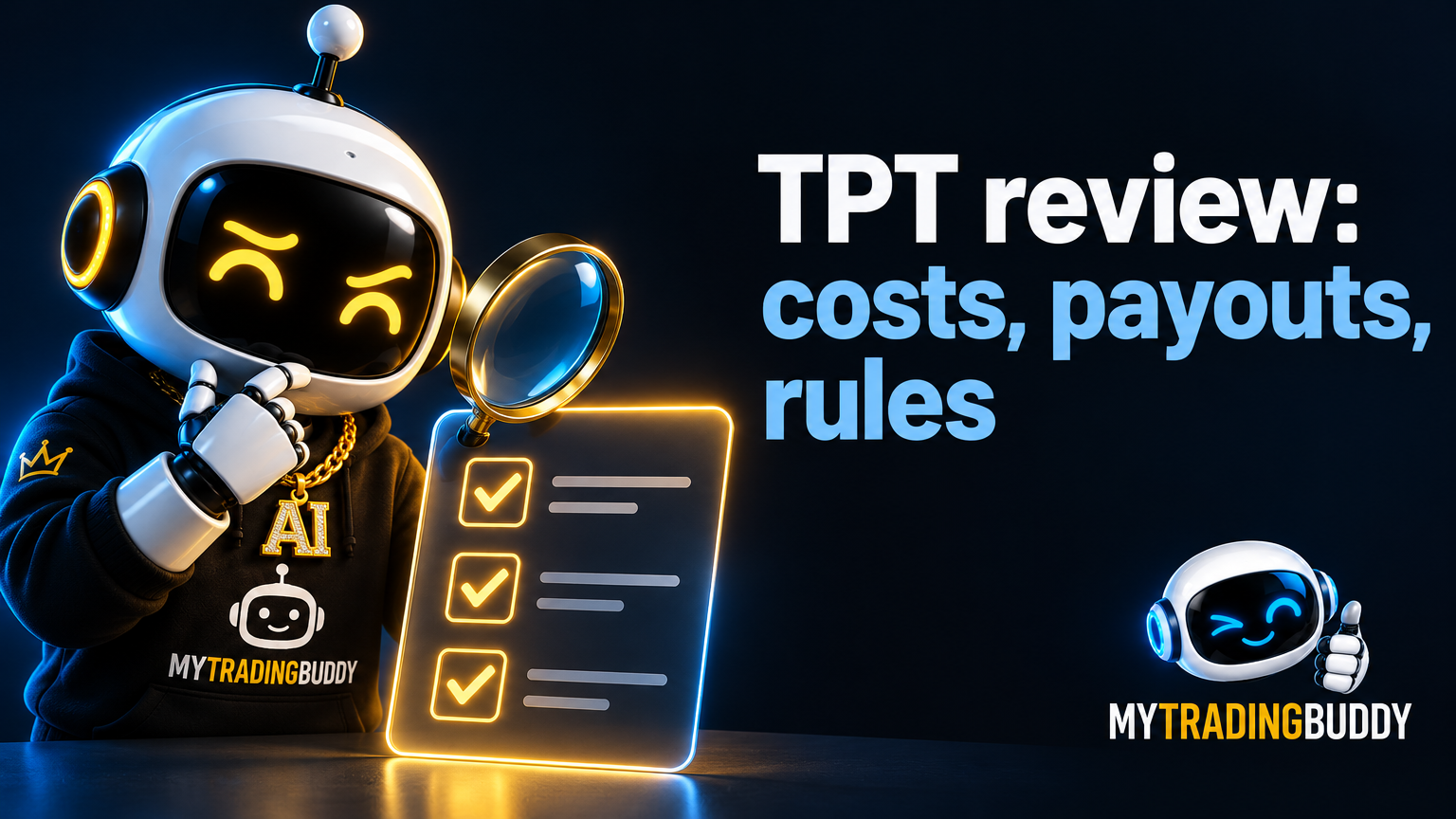 MyTradingBuddy robot reviewing a checklist: Take Profit Trader review of costs, payouts and rules