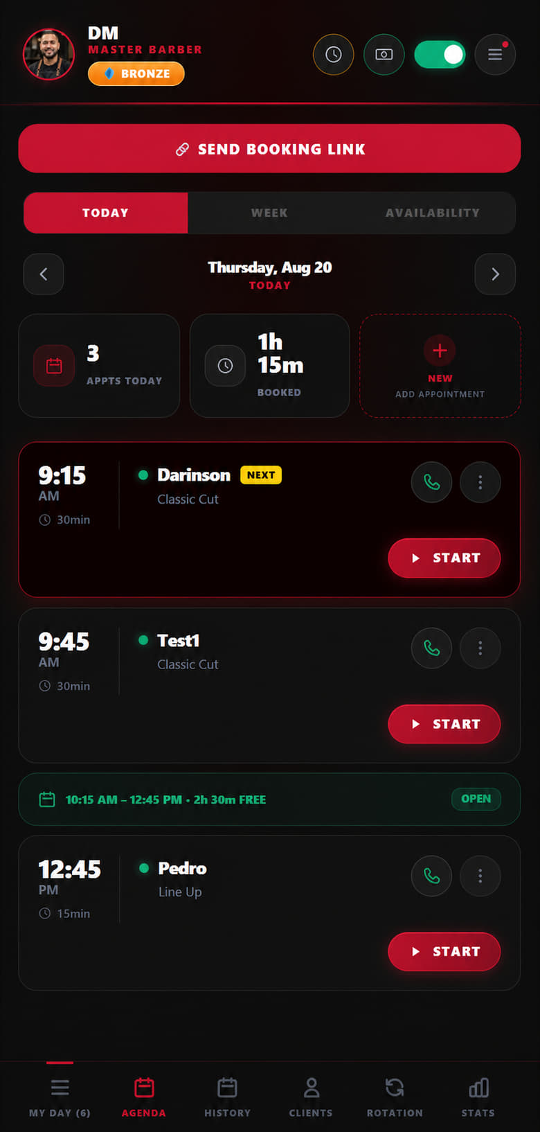 MyTurn staff dashboard agenda tab: the day’s appointments with their times and durations, and the free gap between them