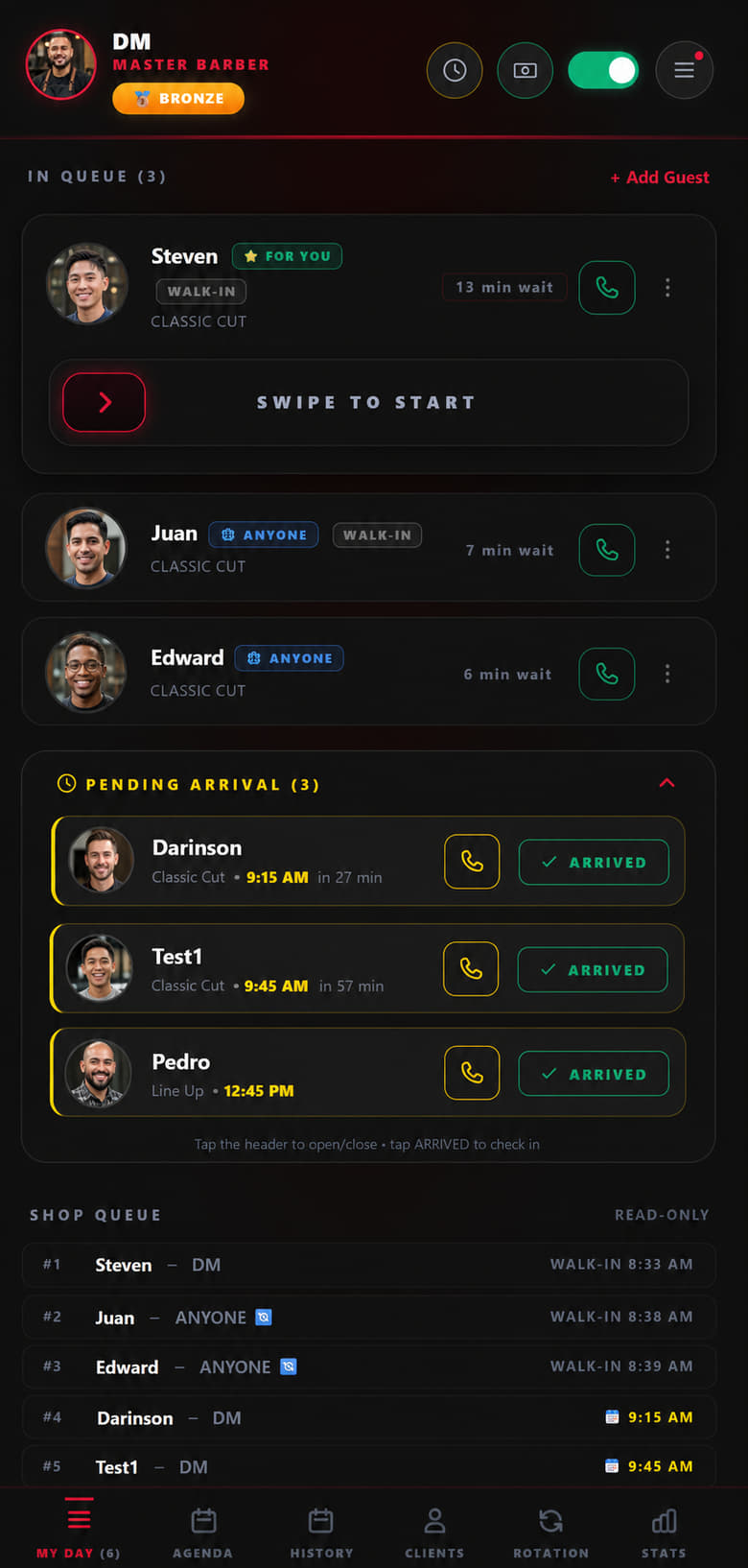 MyTurn staff dashboard on a barber’s phone: the live queue with walk-ins and booked arrivals already merged, and swipe to start on the first client