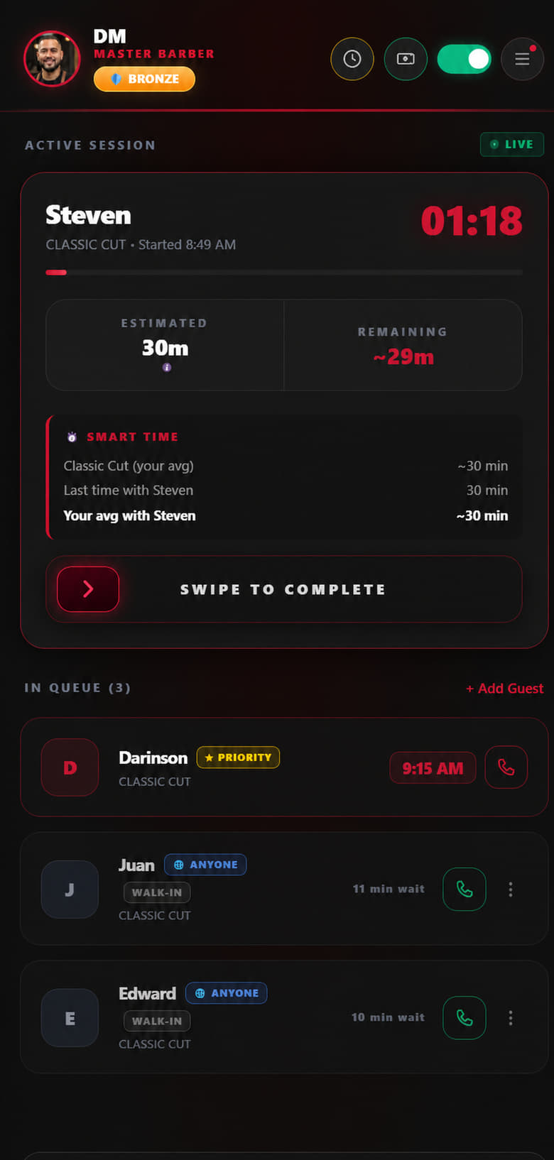 MyTurn staff dashboard during a cut: the active session with its timer and the estimated time left, and the rest of the queue below