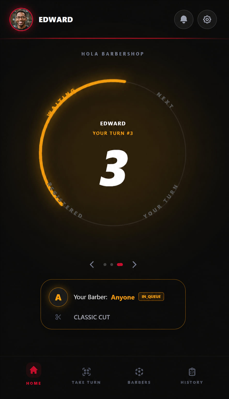MyTurn client app showing position three in the queue, the barber and the service