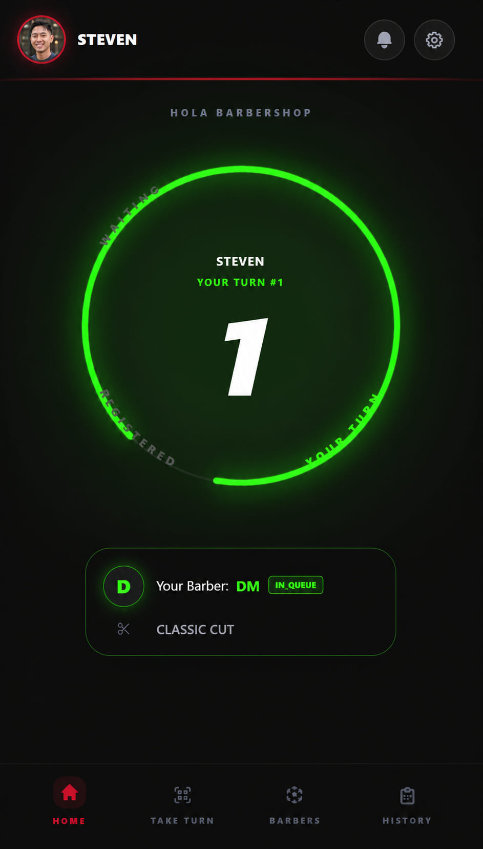 MyTurn client app showing the client is next, with the ring turned green