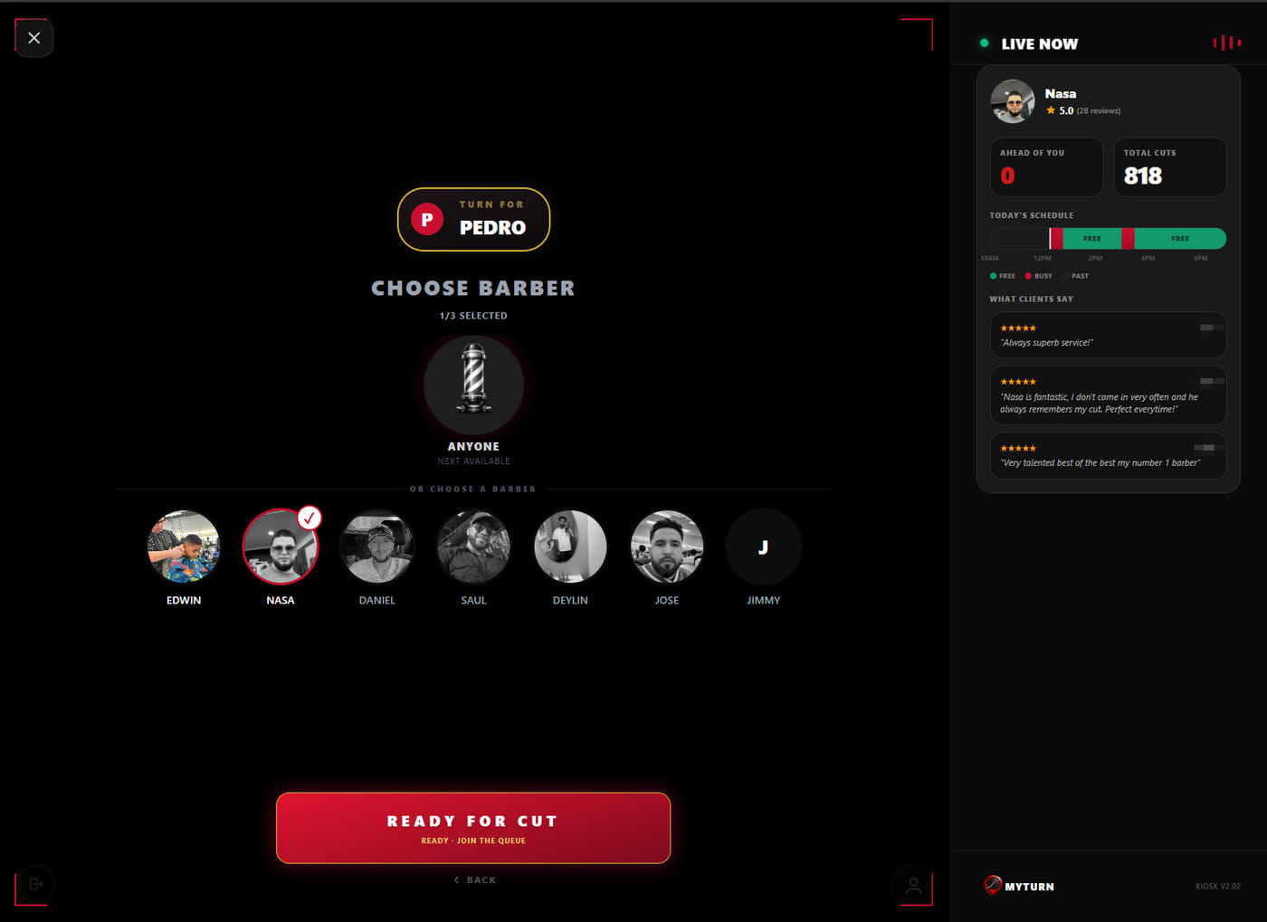MyTurn kiosk barber panel: rating, today’s schedule and what clients said