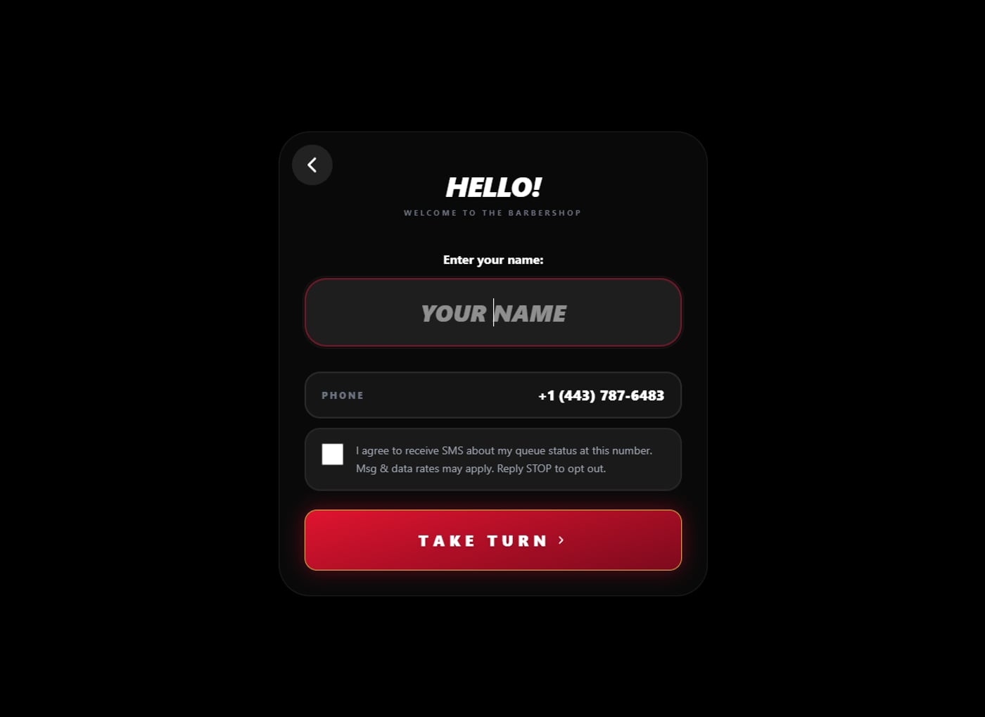 MyTurn kiosk name and consent screen — the verified phone number is shown above an unticked SMS opt-in checkbox, and the button works whether or not it is ticked