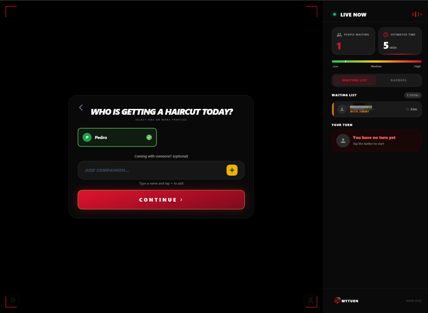MyTurn kiosk asking who is getting a haircut, with the option to add companions