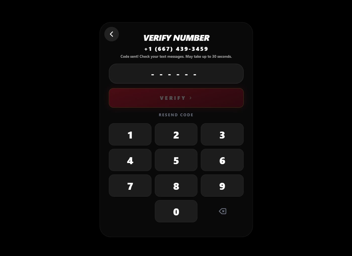 MyTurn kiosk VERIFY NUMBER screen — the client enters the six-digit OTP code sent by SMS