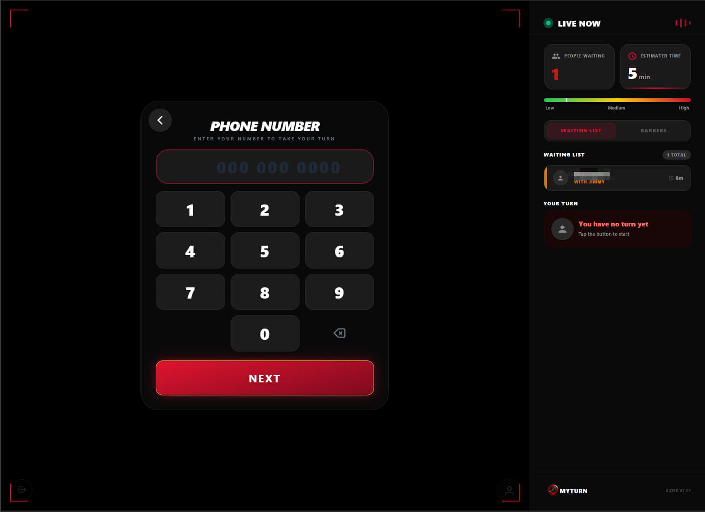 MyTurn kiosk phone number screen with a large on-screen keypad