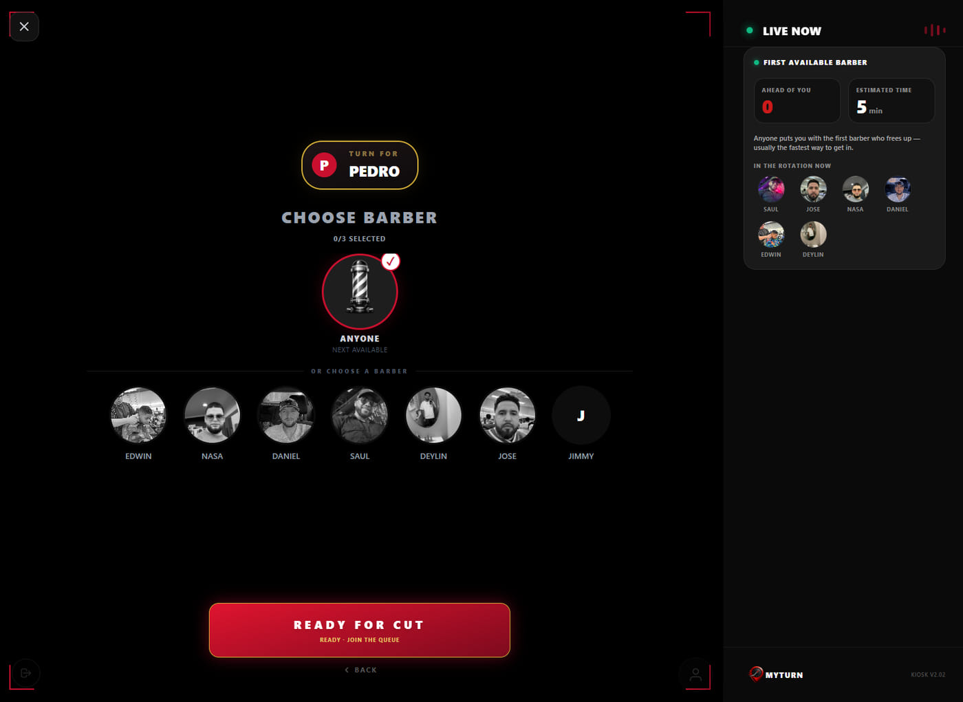 MyTurn kiosk barber selection screen — real photos, real ratings, and Anyone for the first barber who frees up