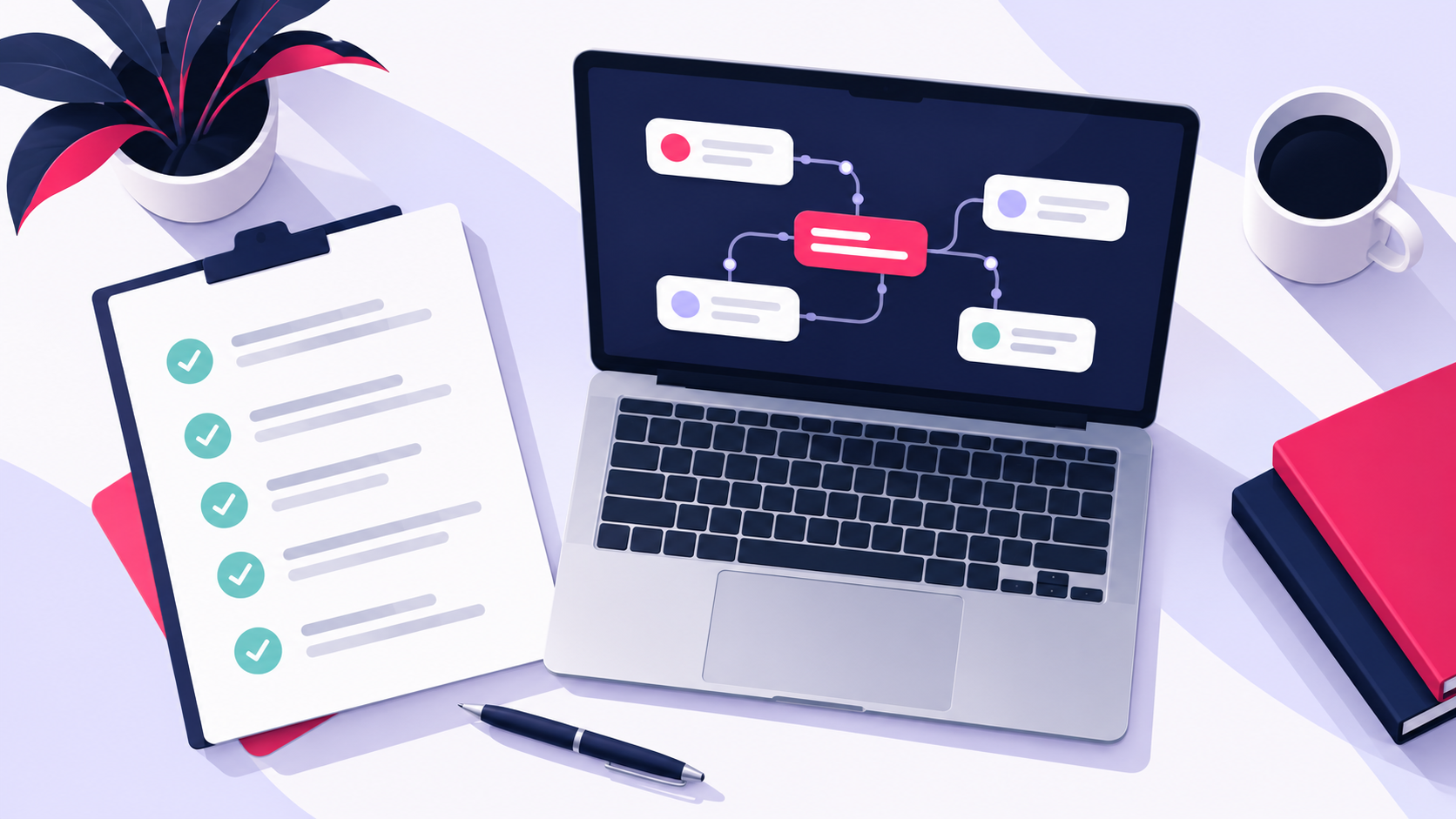 Illustration of a checklist beside a laptop displaying connected workflow nodes.