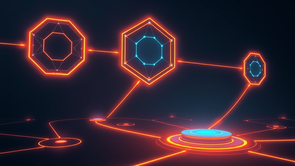 Abstract AI agent orchestration infrastructure showing governed workflow hubs and secure data paths