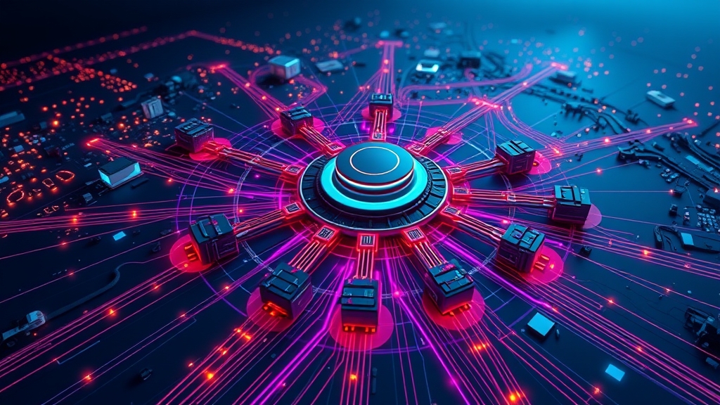 Abstract AI infrastructure routing hub linking context, optics, meetings, robotics, and cloud services