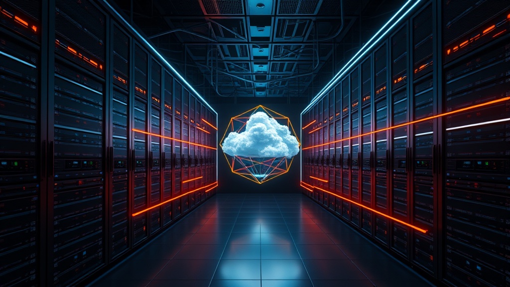 Abstract AI infrastructure routing hub connecting secure runtime, cloud compute and policy layers