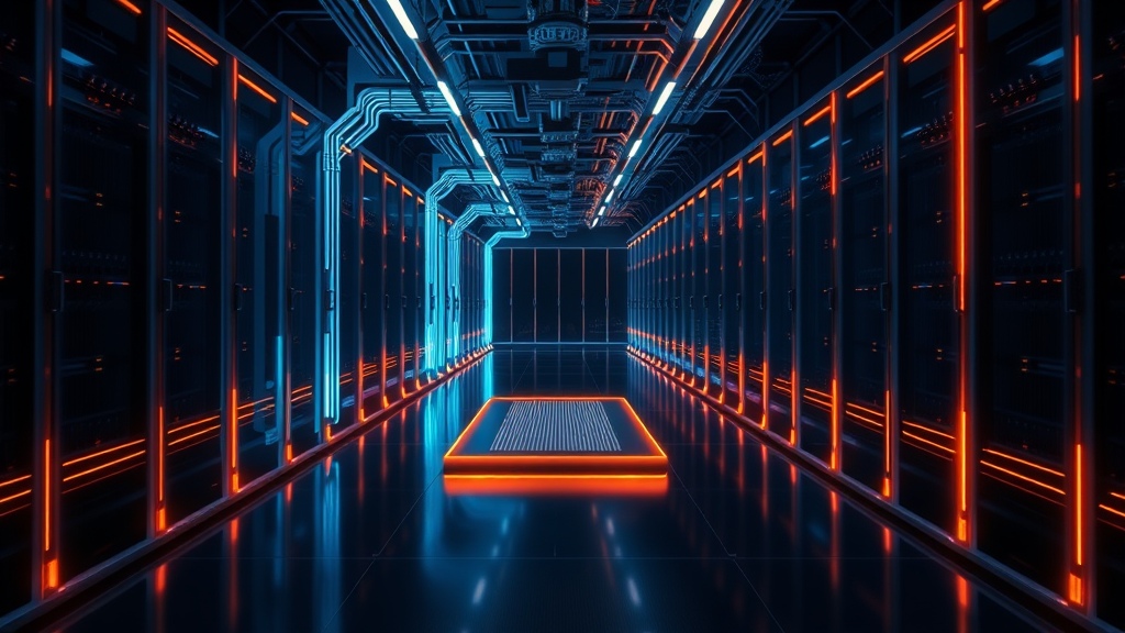 Empty AI data center corridor with glowing optical pathways and a central silicon photonics substrate