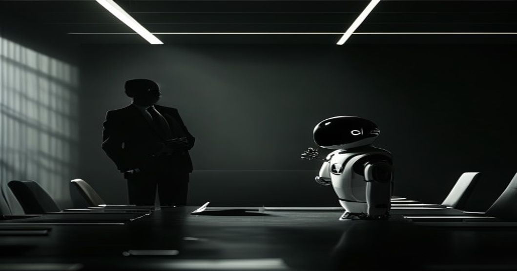 Robot assistant standing firm while silhouette gestures stop