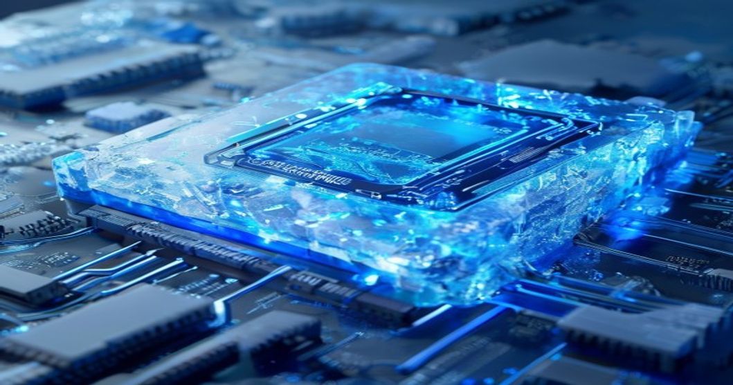 Crystalline frozen computer chip made of ice and silicon