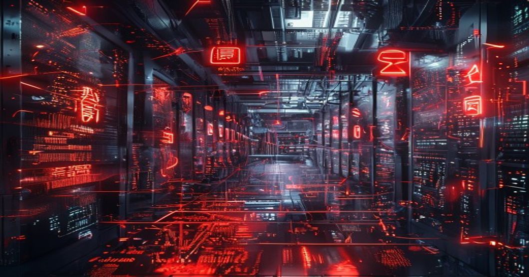 Server room overflowing with data streams and capacity warnings