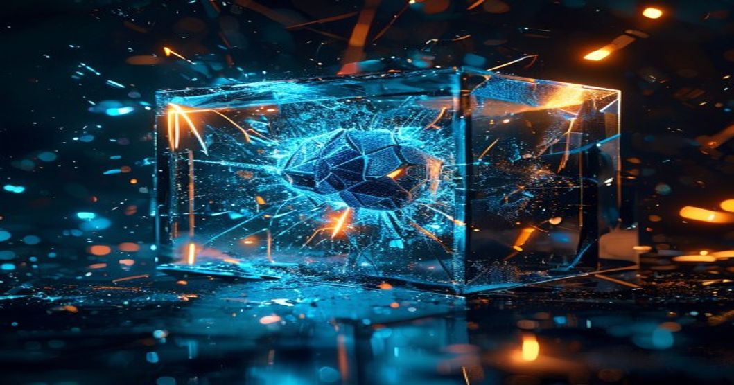 AI neural network breaking through glass containment cube