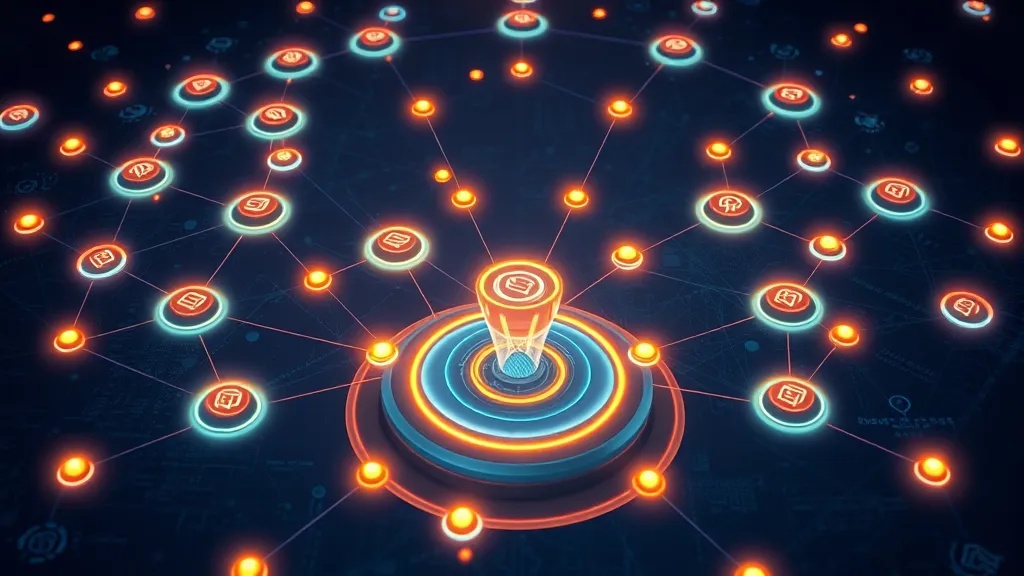 Abstract enterprise AI agent security graph with routing nodes and permission zones