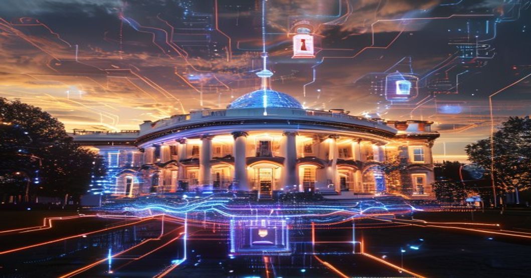 White House with holographic AI circuits and digital lock symbols