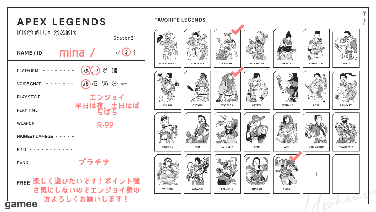 minaさんの自己紹介カード