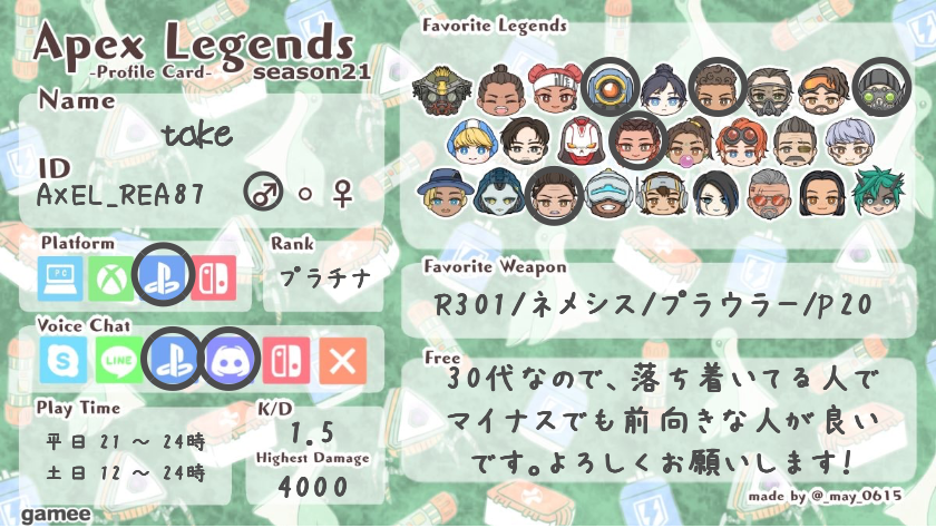 takeさんの自己紹介カード