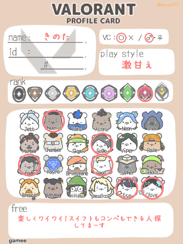 きのたさんの自己紹介カード