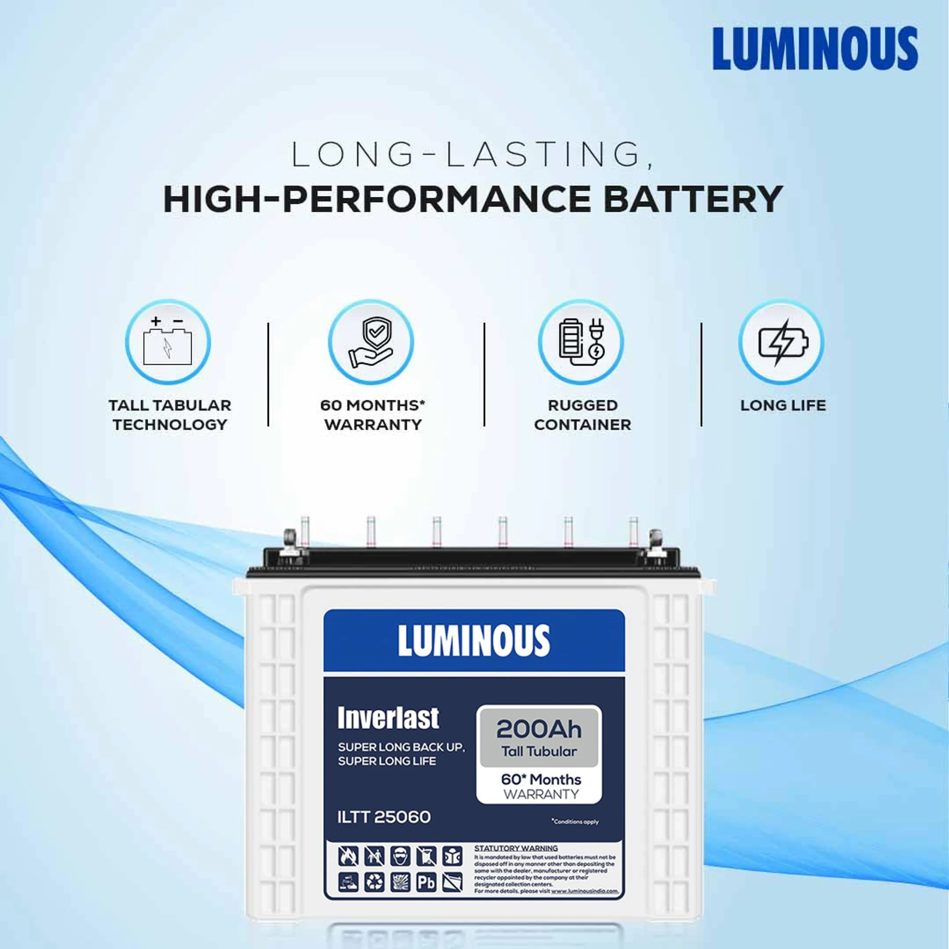 LUMINOUS 60 Months Warranty Tubular Inverter Battery (200 Ah, ILTT25060) view 3