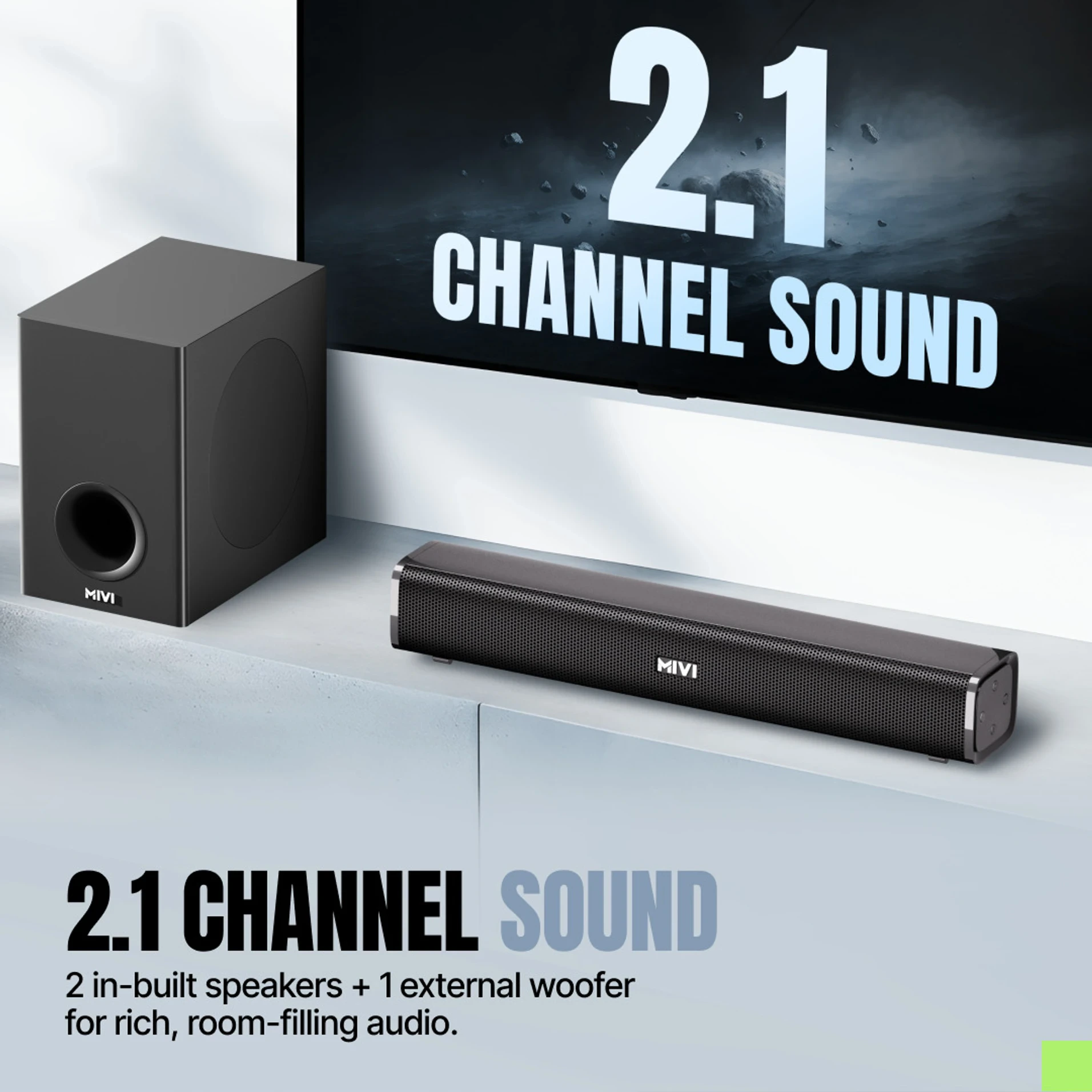 Mivi Fort Sonic 150 Soundbar, 2.1 Channel, Multi-Input & EQ Modes, BT v5.1 150 W Bluetooth Soundbar (Black, Silver, 2.1 Channel) view 2