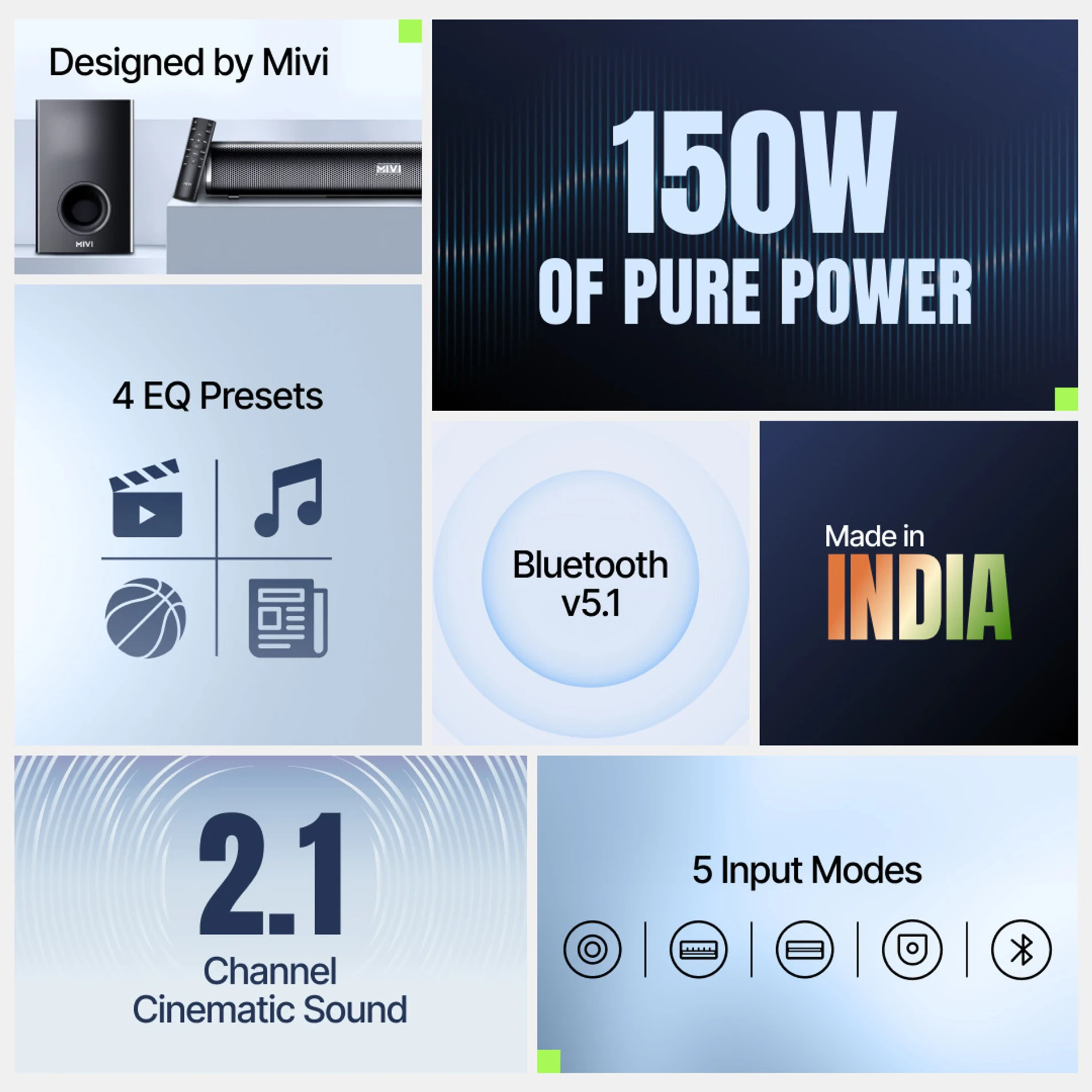 Mivi Fort Sonic 150 Soundbar, 2.1 Channel, Multi-Input & EQ Modes, BT v5.1 150 W Bluetooth Soundbar (Black, Silver, 2.1 Channel) view 6